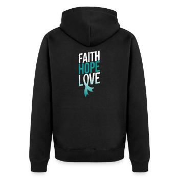 Faith Hope Love | Gebärmutterhalskrebs-Bewusstsein - Unisex Premium Bio Zip Hoodie - Schwarz - Hinten - Nico (187cm)