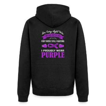 Ich trage stolz lila | Bauchspeicheldrüsenkrebs - Unisex Premium Bio Zip Hoodie - Schwarz - Hinten - Nico (187cm)