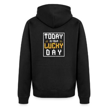 Heute ist Ihr Glückstag - Unisex Premium Bio Zip Hoodie - Schwarz - Hinten - Nico (187cm)