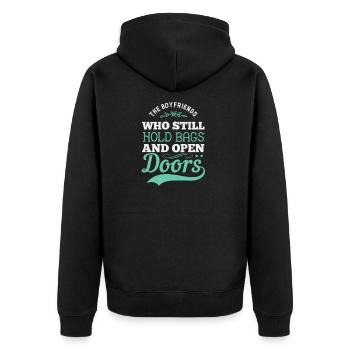 Die Freunde, die immer noch Taschen halten und Türen öffnen - Unisex Premium Bio Zip Hoodie - Schwarz - Hinten - Nico (187cm)