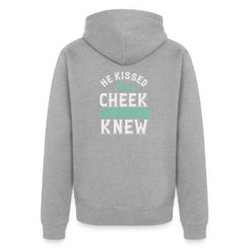 Er küsste ihre Wange und dann wusste sie Bescheid - Unisex Premium Bio Zip Hoodie - Grau meliert - Hinten - Nico (187cm)