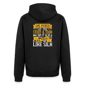 Sie hob das Stout auf und nahm einen Schluck. Es rutschte - Unisex Premium Bio Zip Hoodie - Schwarz - Hinten - Nico (187cm)