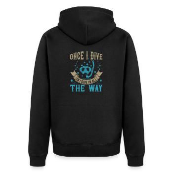 Sobald ich eintauche, tauche ich den ganzen Weg ein - Unisex Premium Bio Zip Hoodie - Schwarz - Hinten - Nico (187cm)