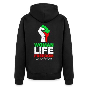 Woman Life Freedom | Fist with Iranian flag - Unisex Premium Organic Zip Hoodie - black - Back - Nico (187cm)