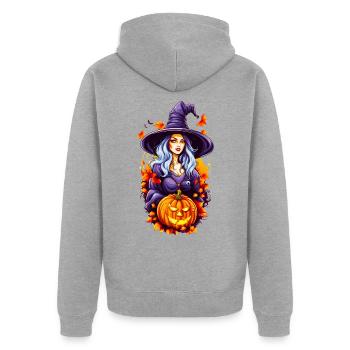 Halloween Hexe mit Kürbiskopf - Unisex Premium Bio Zip Hoodie - Grau meliert - Hinten - Nico (187cm)