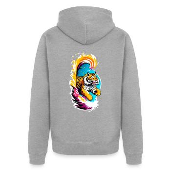 Tiger Sprung - Unisex Premium Bio Zip Hoodie - Grau meliert - Hinten - Nico (187cm)