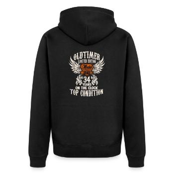 parody birthday motive 34 years oldtimer rocker - Unisex Premium Bio Zip Hoodie - Schwarz - Hinten - Nico (187cm)