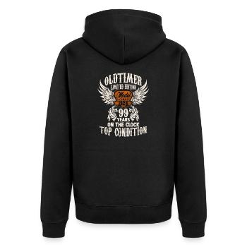 Parody birthday motive 99 years oldtimer rocker - Unisex Premium Organic Zip Hoodie - black - Back - Nico (187cm)
