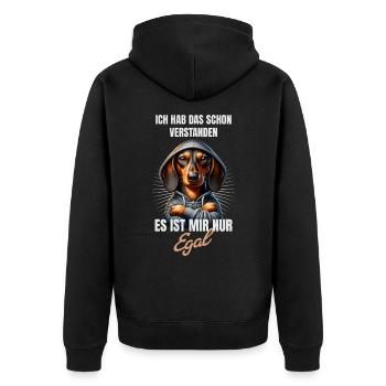 Schon verstanden, es ist mir nur egal Dackel - Unisex Premium Bio Zip Hoodie - Schwarz - Hinten - Nico (187cm)