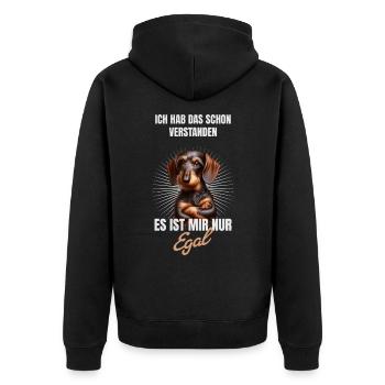 Schon verstanden, es ist mir nur egal Dackel - Unisex Premium Bio Zip Hoodie - Schwarz - Hinten - Nico (187cm)
