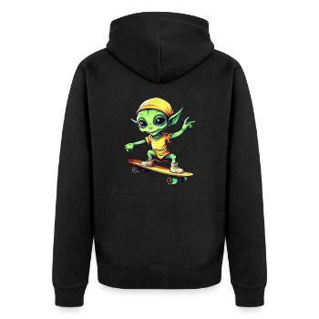 Green Alien on Skateboard: Intergalactic - Unisex Premium Organic Zip Hoodie - black - Back - Nico (187cm)