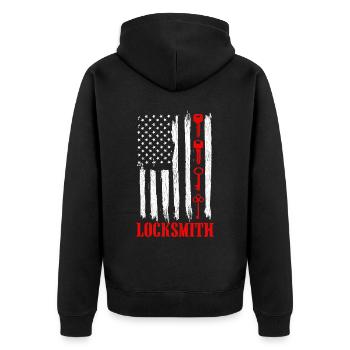 Key with USA flag - Locksmith's shop - Unisex Premium Organic Zip Hoodie - black - Back - Nico (187cm)
