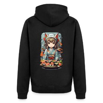 Kawaii Anime Sushi Master with Cat Ears - Unisex Premium Organic Zip Hoodie - black - Back - Nico (187cm)