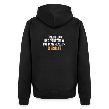 IT MIGHT LOOK LIKE I'M LISTENING BUT IN MY HEAD I' - Unisex Premium Bio Zip Hoodie - Schwarz - Hinten - Nico (187cm)