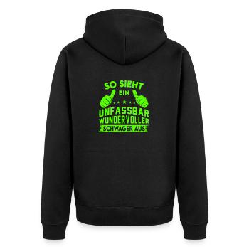 Lustiges Schwager Geschenk Spruch neon - Unisex Premium Bio Zip Hoodie - Schwarz - Hinten - Nico (187cm)