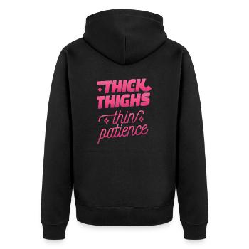 Dicke Oberschenkel dünne Geduld Dicke Oberschenkel - Unisex Premium Bio Zip Hoodie - Schwarz - Hinten - Nico (187cm)