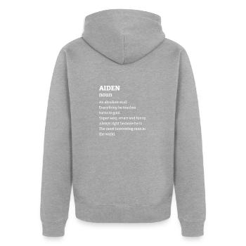 Aiden: An absolute stud. Everthing he touches turn - Unisex Premium Bio Zip Hoodie - Grau meliert - Hinten - Nico (187cm)