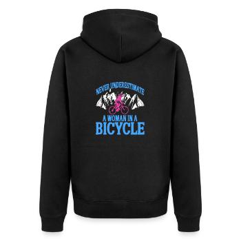 Never Underestimate A Woman In a Bicycle Tee - Unisex Premium Bio Zip Hoodie - Schwarz - Hinten - Nico (187cm)