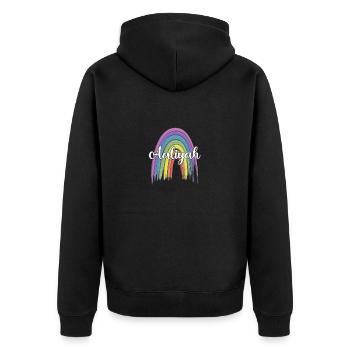 AALIYAH Rainbow Cursive - Unisex Premium Bio Zip Hoodie - Schwarz - Hinten - Nico (187cm)