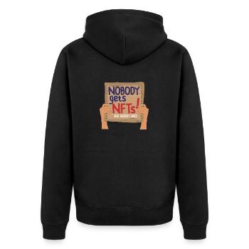 Hold Up Sign Nobody gets NFTs Shirt - Unisex Premium Bio Zip Hoodie - Schwarz - Hinten - Nico (187cm)