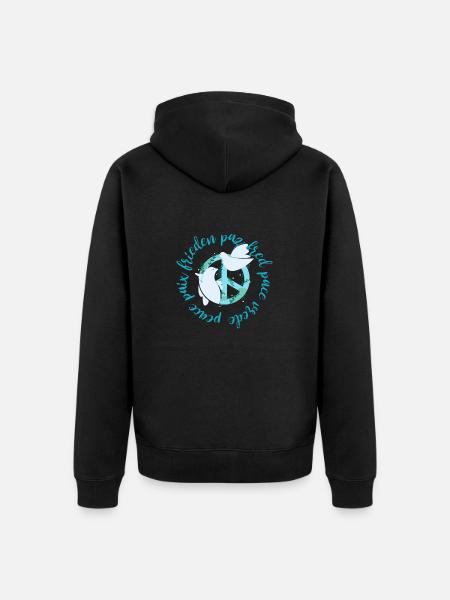 Mehrsprachiges Erdfriedenszeichen mit Tauben - Unisex Premium Bio Zip Hoodie - Schwarz