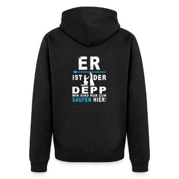 Er ist der Depp, wir saufen nur - Unisex Premium Bio Zip Hoodie - Schwarz - Hinten - Nico (187cm)