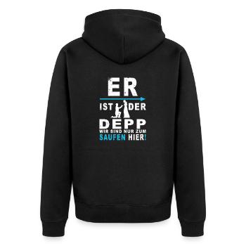 Er ist der Depp, wir saufen nur - Unisex Premium Bio Zip Hoodie - Schwarz - Hinten - Nico (187cm)