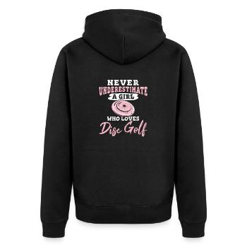 Never Underestimate A Girl Who Loves Disc Golf Fri - Unisex Premium Bio Zip Hoodie - Schwarz - Hinten - Nico (187cm)