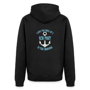 I Love The Smell Of A New Port In The Morning - Unisex Premium Bio Zip Hoodie - Schwarz - Hinten - Nico (187cm)