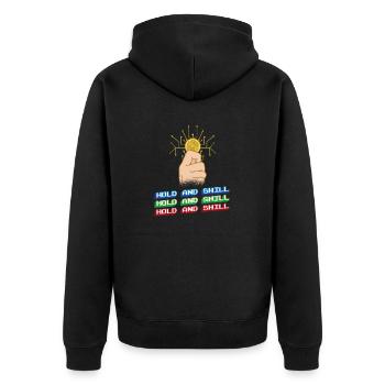 Lustiges Bitcoin und Kryptowährung Investor HODL - Unisex Premium Bio Zip Hoodie - Schwarz - Hinten - Nico (187cm)