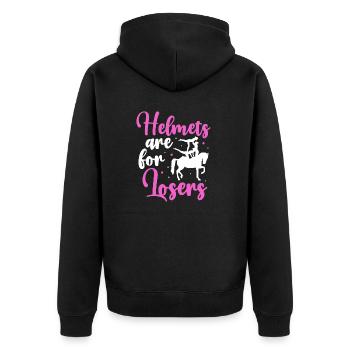 Voltigieren Helmets Are For Losers - Unisex Premium Bio Zip Hoodie - Schwarz - Hinten - Nico (187cm)