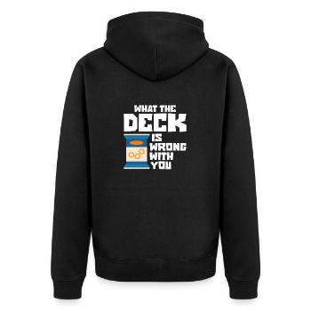 Sammelkarten What The Deck Is Wrong With You - Unisex Premium Bio Zip Hoodie - Schwarz - Hinten - Nico (187cm)