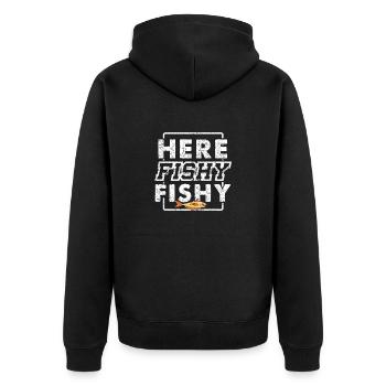 Here Fishy Fishy Funny Vintage Fishing T-Shirt - Unisex Premium Organic Zip Hoodie - black - Back - Nico (187cm)
