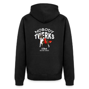 Nobody TWERKS like Boston Terrier - Unisex Premium Bio Zip Hoodie - Schwarz - Hinten - Nico (187cm)