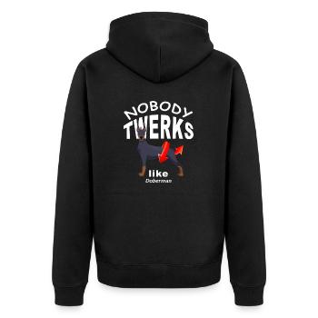 Nobody TWERKS like Dobermann - Unisex Premium Bio Zip Hoodie - Schwarz - Hinten - Nico (187cm)