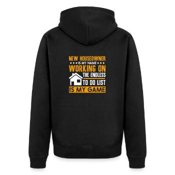Lustiges Frischer Hausbesitzer Spruch - Unisex Premium Bio Zip Hoodie - Schwarz - Hinten - Nico (187cm)