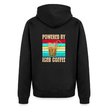 Retro Vintage Powered By Iced Coffee Cool Tee - Unisex Premium Bio Zip Hoodie - Schwarz - Hinten - Nico (187cm)
