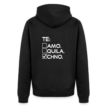 TE: AMO QUILA CHNO Funny Techno Designs T-Shirt - Unisex Premium Bio Zip Hoodie - Schwarz - Hinten - Nico (187cm)