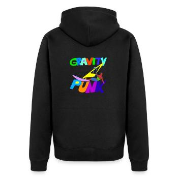 Bunter GRAVITY Windsurfer über PUNK Schriftzug - Unisex Premium Bio Zip Hoodie - Schwarz - Hinten - Nico (187cm)