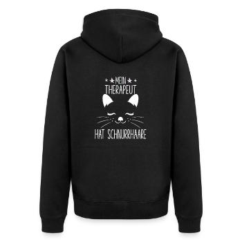 Mein Therapeut hat Schnurrhaare süßer Katzenspruch - Unisex Premium Bio Zip Hoodie - Schwarz - Hinten - Nico (187cm)