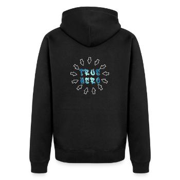 WAHRER HELD - TRUE HERO - Unisex Premium Bio Zip Hoodie - Schwarz - Hinten - Nico (187cm)