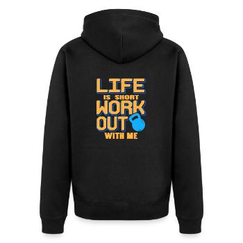 Life Is Short Work Out With Me Cool Fitness - Unisex Premium Bio Zip Hoodie - Schwarz - Hinten - Nico (187cm)