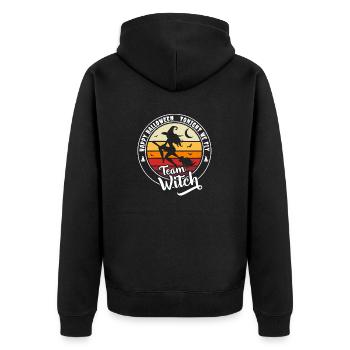 Happy Halloween Team Hexe "Heute Abend fliegen wir" - Unisex Premium Bio Zip Hoodie - Schwarz - Hinten - Nico (187cm)