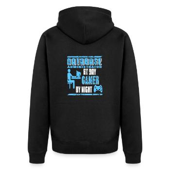 Database Administrator By Day Gamer By Night Retro - Unisex Premium Bio Zip Hoodie - Schwarz - Hinten - Nico (187cm)