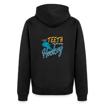 I Lost Teeth Playing Hockey Retro Funny T-Shirt - Unisex Premium Bio Zip Hoodie - Schwarz - Hinten - Nico (187cm)