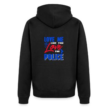 Aime-moi comme tu aimes la police cool retro - Veste à capuche bio Premium Unisexe - noir - Dos - Nico (187cm)