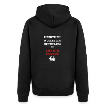 ABER JETZT ZOCKE ICH eigentlich wollte ich raus - Unisex Premium Bio Zip Hoodie - Schwarz - Hinten - Nico (187cm)