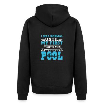 Schimmer Schwimmen I Was Normal Until My First - Unisex Premium Bio Zip Hoodie - Schwarz - Hinten - Nico (187cm)