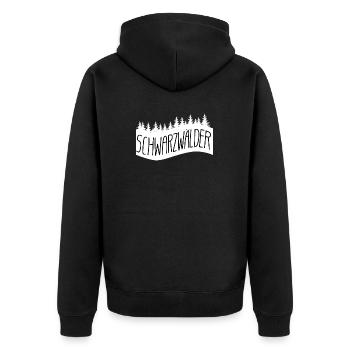 Schwarzwälder Schrift mit Tannenbäumen - Unisex Premium Bio Zip Hoodie - Schwarz - Hinten - Nico (187cm)
