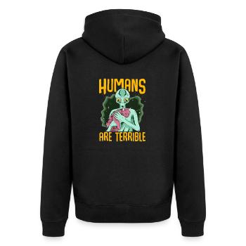 Lustiges Alien UFO Area 51 und Katzen Liebhaber - Unisex Premium Bio Zip Hoodie - Schwarz - Hinten - Nico (187cm)
